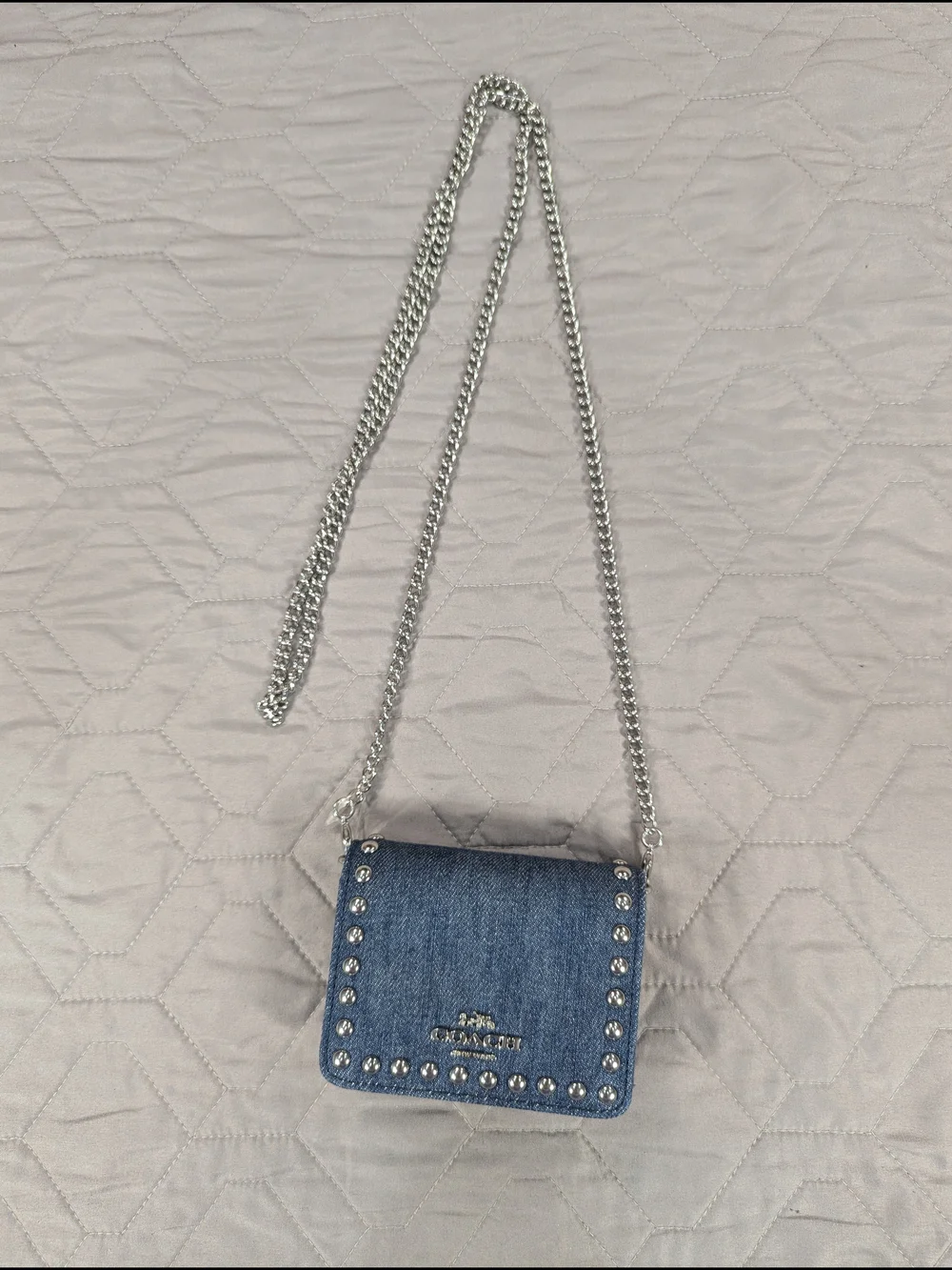 Coach Denim Studded Mini Wallet On Chain Crossbody Bag Silver Rivets Card Case